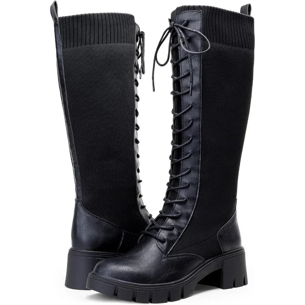 Women's Black 953 Chunky Platform Heel Lace Gothic Knee High Combat Boots
